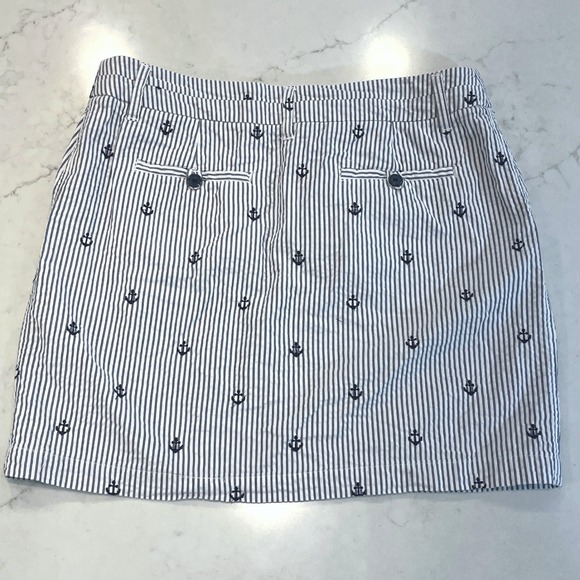 British Khaki Seersucker Mini Skirt Womens 8 Blue White Nautical Striped Anchor - Picture 2 of 7